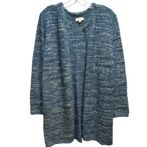LOFT Eyelash Marled Knit Open‑Front Cardigan Sweater Cozy Fuzzy Teal Size XL